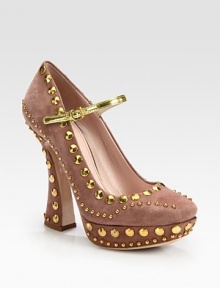 The iconic Mary Jane silhouette is renewed with whimsical studs and a metallic leather strap. Self-covered heel, 5 (125mm)Covered platform, 1 (25mm)Compares to a 4 heel (100mm)Suede upper with metal studsSquare toeAdjustable metallic leather ankle strapLeather liningLeather and rubber solePadded insoleMade in Italy