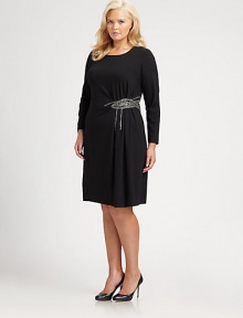 Made from super-soft jersey and featuring a stunning waist embellishment, a long-sleeve dress with midsection and hip flattering gathered details. Pleated necklineLong sleevesEmbellishment at gathered waistConcealed back zipperAbout 26 from natural waistViscose/polyamide/elastaneDry cleanImported