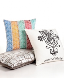 Modern allure! This Bar III Fusion decorative pillow features applique embroidered stripes that add extra flair and dimension to your bed.