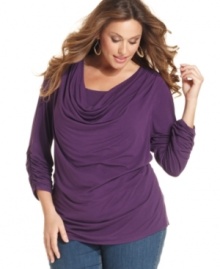 A draped front lends an elegant finish to Grace Elements three-quarter-sleeve plus size top-- dress it up with trousers or down with denim.