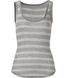 Stylish grey striped tank in cashmere and cotton - Extra-soft and lightweight - Scoop neck and rib detail - Slim fit, hits below the hip - Perfect for pairing with denim or as a layering piece underneath cardigans