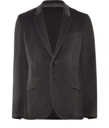 Satiny-soft velvet lends this slim-cut, grey PS by Paul Smith jacket its stylish smartness - Contemporary cut is single-breasted and slightly fitted - Medium-width collar and lapels, two flap pockets, single chest pocket and two-button closure - Decorative seams and rear vents - Polished and elegant, perfect for pairing with a button down and jeans or a cashmere pullover and dress trousers