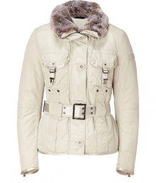 Your cold weather look just got more stylish with this luxe fitted down jacket from Peuterey - Large rabbit fur collar, concealed zipper closure, long sleeves with logo detail, flap pockets, belted waist, slim fit, water repellent - Wear with an elevated jeans-and-tee ensemble or a workweek-chic look