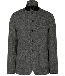 An urbane-cool Nehru collar adds a retro edge to the wool St. Regis jacket from Rag & Bone - Stand collar with contrast backing, front button placket, long sleeves, patch pockets, single back vent, slim fit - Pair with trousers, jeans, or corduroys