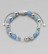 From the Spiritual Bead Collection. Singing the blues with a pretty strand in soft blue shades, combining beads of blue chalcedony, aquamarine, moon quartz and sterling silver with an oval cable slide clasp.Blue chalcedony, aquamarine and moon quartzSterling silverDiameter, about 2Adjustable slide claspImported