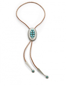 THE LOOKSouthwestern-inspired designTextured sliding oval with turquoise accents Leather braided rope settingTriangle drop details with turquoise accentsSilverplatedTHE MEASUREMENTLength, about 40ORIGINMade in USA