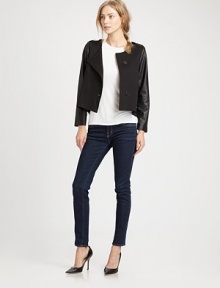 EXCLUSIVELY AT SAKS. A chic jacket that will never go out of style-- this wardrobe staple has leather trim and epaulets that evoke a military feel. RoundneckLeather epauletsLong leather sleevesAsymmetrical button frontBack ventAbout 22 from shoulder to hemBody: 65% rayon/20% polyester/15% spandexTrim: LeatherDry clean with leather specialistImportedModel shown is 5'9 (176cm) wearing US size Small.