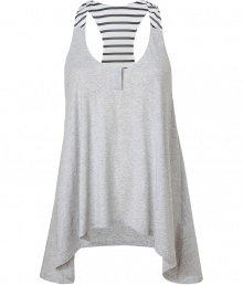 Whether youre looking to lounge in style or add some comfort to your evening look, this chic Philip Lim tank dress will up the style factor - Scoop neck with tab detail, asymmetrical hem, racer back with contrasting fabric detail - Pair with a kimono for at-home style or leather panel leggings, a shawl neck cardigan, and booties for off-duty cool