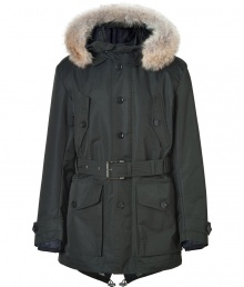 The classic parka gets a high-style redux with this luxe iteration from British heritage brand Belstaff - Fur-trimmed hood, concealed zip closure with front button placket, long sleeves with belted cuffs, flap pockets, internal drawstring for customized fit, classic fishtail hem with toggle, full snap-in black quilted lining - Slim fit - Pair with straight leg jeans, a cashmere pullover, and retro-inspired trainers