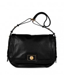 Detailed with a logo-engraved turnlock closure, Marc by Marc Jacobs black leather messenger bag lends just the right dose of ladylike to your look - Flap with turnlock closure, belted shoulder strap, inside zippered back wall pocket, 2 front wall slot pockets - Sling across for work, school, or weekend shopping trips