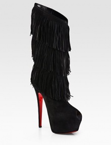 A towering platform silhouette of buttery suede, with playful layered fringe for movement with every step. Self-covered heel, 6¼ (155mm)Hidden platform, 2½ (65mm)Compares to a 3¾ heel (95mm)Shaft, 11¼Leg circumference, 16Suede upperLeather liningSignature red leather solePadded insoleMade in Italy