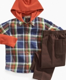 He can keep it fresh as summer turns into fall with this cozy hooded shirt and corduroy set from Kids Headquarters.