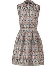 Charming, light grey brocade dress with small and witty pattern - Sleeveless with a tailored, feminine cut, Peter Pan collar and half placket - Gathered skirt and fitted top create a fancy feel while remaining casual - Pair with ballet flats or pumps for a simple, chic look at a  brunch or a garden party