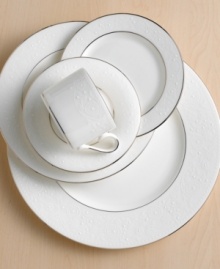 Beautiful and bridal-inspired, this classic white plate is richly textured with a delicate floral motif and raised, beaded accents. Finished with a band of polished platinum. Qualifies for Rebate