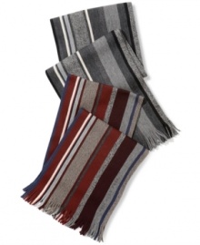 Engineered stripes that are extra-long on style: Vertically striped warp-knit scarf from Hugo Boss in virgin wool.