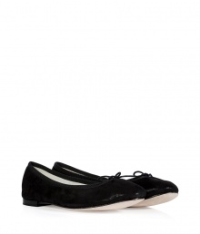 The classic ballet flat gets a glam redux with this ultra-chic suede version from Repetto - Classic ballet flat styling, front bow detail, leather sole, low heel, black suede with a glossy finish - Pair with a full skirt and a tie-front top or a frilly mini dress