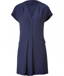 A chic and easy choice with endless wearing possibilities, Cacharels soft smoke blue shift guarantees a sleek modern edge to your outfit - V-neckline, short dolman sleeves, hidden snapped front, pleated skirt - Easy straight silhouette - Team with leather accessories and flawless flats