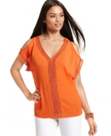 INC's split-sleeve petite top is radiant with a sun-kissed hue and shimmering beaded detail. Team with skinny white jeans for a gorgeous weekend ensemble!