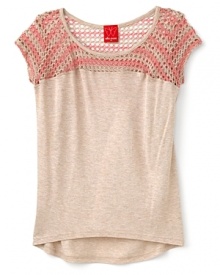 Boho-inspired crocheted mesh adds an earthy vibe to a casual short sleeve top from Little Ella.