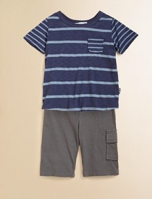 Dapper stripes with convenient patch pocket atop solid cargo-style pants, both in soft knit for stylish comfort and ease. Tee:CrewneckShort sleevesPullover styleFront patch pocket Pants:Elasticized waistOne side cargo pocket35% supima cotton/30% rayon/25% cottonMachine washImported