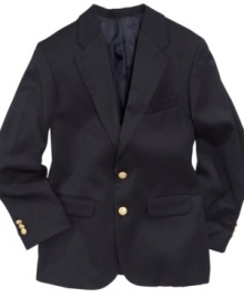 Get down to brass tacks with this simply classic blazer from Nautica in stylish stretch microfiber.Bullet(s)