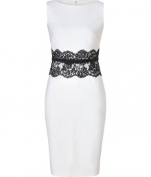 With its immaculate tailoring and delicate lace waist detail, Valentinos wool sheath is an elegant way to wear the brands iconic look - Round neckline, sleeveless, black lace band around the waist, hidden back zip, belted waistline, leather lined fabric bow belt, side belt loops, kick pleat - Tailored fit - Wear with platform sandals and an envelope clutch