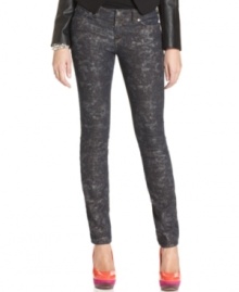 Can't get enough graphic denim this season? Neither can we! These skinny jeans from Jessica Simpson combine an understated print with metallic accents and a textured finish.