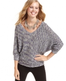 Jessica Simpson proves that you don't have to sacrifice style for comfort! This marled knit sweater combines cool dolman sleeves with the cozy pullover style you love.