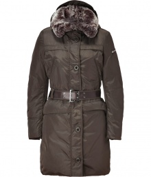 Stay warm and stylish in this ultra-luxe down coat from Peuterey - Hooded, large fur collar, concealed front zip closure with front button placket, long sleeves, belted waist, slim fit, thigh length, water repellent coating - Wear with a cashmere pullover, skinny jeans, and shearling-lined boots