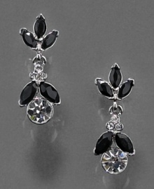 Get noticed with the gorgeous design of these Monet earrings crafted in jet and clear crystal accents set in silvertone mixed metal. Approximate drop: 3/4 inch.