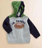 Your little boy will score a touchdown in this knit hoodie with full back zipper and football motif.Attached hoodLong sleevesBack zipperRibbed cuffs and hemCottonMachine washImported