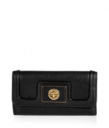 Hip wallet made of fine black leather by NYC accessory favorite, Marc Jacobs - Traditional rectangular shape with flap and gold-colored logo twist lock - Smart interior design features space for coins, bills and credit cards - A modern classic that makes a great gift for yourself or a stylish friend