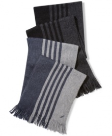 Stripe it rich: Nautica's self-fringed muffler with two-color pattern of vertical stripes.