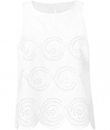 Stylish top in fine, pure white cotton - On-trend, decorative eyelet detail - Slim, sleeveless silhouette tapers at waist - Round neck and gently scalloped hem - Single button closure and key hole at back - Chic and ready for summer, seamlessly transitions from work to weekend - Wear solo or pair with a cardigan and shorts, cropped chinos or a skinny denim