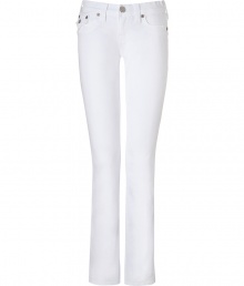 With Western-inspired details, these stylish white jeans from True Religion will amp up your casual basics - Classic five-pocket styling, whiskering, decorative back flap pockets with logo detail, belt loops - Straight leg, slim fit - Style with a blouse and blazer or a worn-in tee and a leather jacket