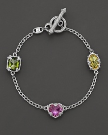 Sterling Silver berge bracelet with three gemstone stations. Designed by Judith Ripka.