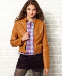 Quilted design and a honey hue equip this faux-leather jacket with loads of style! From Jou Jou.