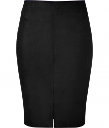 Sexy black brushed leather skirt - This slinky black leather skirt has a sultry figure-hugging silhouette - Flattering pencil length and comfortable front mini-slit - Style with a t-shirt, textured tights, and a blazer for downtown chic - Wear with a tie-neck blouse and heels