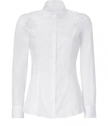 Chic white top with embroidery from Ermanno Scervino- Feminine lace panels add stylish flair to this classic button down - Small collar, button front placket, lace embroidered details on front, back, and hem - Style with slim trousers, a blazer, and platform heels