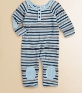 Standout stripes, elbow and knee patches, plus long raglan sleeves make this charming one-piece a must-have for baby.CrewneckLong raglan sleevesFront button placketBottom snapsCottonMachine washImported Please note: Number of buttons/snaps may vary depending on size ordered. 