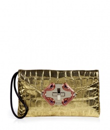 Add luxe appeal to any look with this edgy-cool croc-embossed clutch from Etro - Classic envelope shape, front flap with turn-lock closure with brass-tone and crystal embellishment, small side handle, croc-embossed leather - Pair with a cocktail sheath or wide leg trousers and a sheer blouse