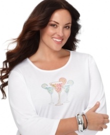 Toast the holidays in Karen Scott's long sleeve plus size tee, featuring a cocktail graphic.