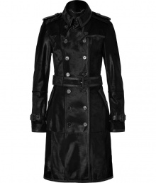 Embody luxury in this sleek trench rendered in sumptuous calf hair from Burberry London - Spread collar, long sleeves with belted cuffs, epaulets, double-breasted buttoned front placket, belted waist, button detail at back yoke - Tailored fit - Wear with skinny jeans and a cashmere pullover or over a fitted cocktail sheath