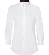 Turn up your cuffs and showcase Burberrys iconic check in this crisp white button-down from Burberry London - Classic collar with checked lining, 3/4 sleeves, buttoned turn-up checked cuffs, button-down front, shirttail hemline - Form-fitting - Wear with everything from jeans and flats to pencil skirts and heels