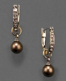 Scintillating style by Money. These beautiful drop earrings feature bronze glass pearls and crystal accents set in goldtone mixed metal. Approximate drop: 1/2 inch.