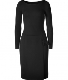 Luxurious dress in fine black wool - Very soft, pleasant quality - Mega trendy two-piece silhouette with a slim top and high-slit skirt (wrap look) - Wide ballet neck, long sleeves and figure-flattering, accentuated waist - Skirt in a professional thigh length - A favorite dress for the office and afterwards - With elegant pumps or cool booties