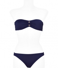 Look supremely sexy in this luxe bandeau bikini from Juicy Couture - Classic bandeau top with gold-tone hardware, classic slip-on bikini bottoms with back ruching and gold-tone logo hardware - Pair with a sheer caftan, wedge sandals, a floppy sunhat