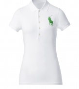 Detailed in breathable cotton stretch mesh, Ralph Laurens big pony polo is a cool modern take on this iconic style - Small collar, button placket, short sleeves, oversized shiny green embroidered polo player at chest, slit sides, high-low hemline - Slim fit - Wear with your favorite jeans and just as bright loafers