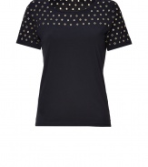 With its easy fit and cool peek-a-boo eyelet embellishment, Josephs cotton tee is an edgy choice for dressing up your casual daytime looks - Wide neckline, short sleeves, gold-toned eyelet-embellished top - Loosely fitted - Wear with leather leggings and favorite flats