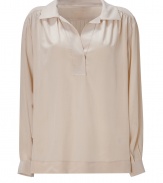 Feminine and chic with its cool nude coloring, Rachel Zoes silk shirt is an elegant workweek essential - Spread collar, long sleeves, buttoned cuffs, gathered shoulder and yolk detail - Loosely fitted - Wear with a pencil skirt and pumps, or over skinny jeans with your favorite flats